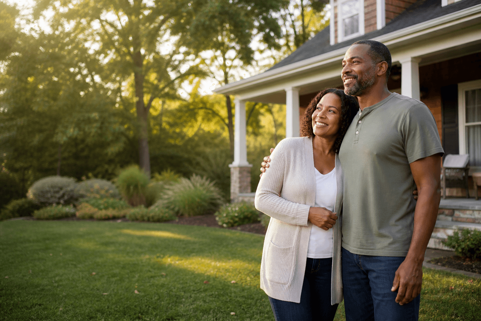 A couple standing outside their home.