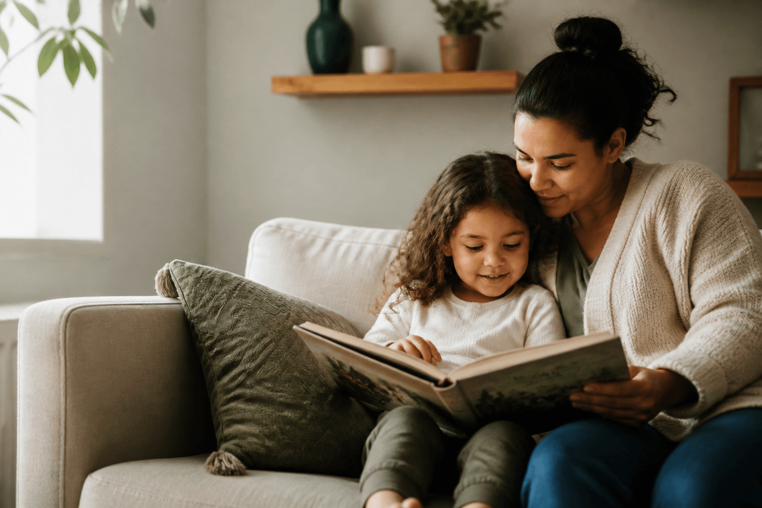 A parent and child sharing a quiet moment at home.